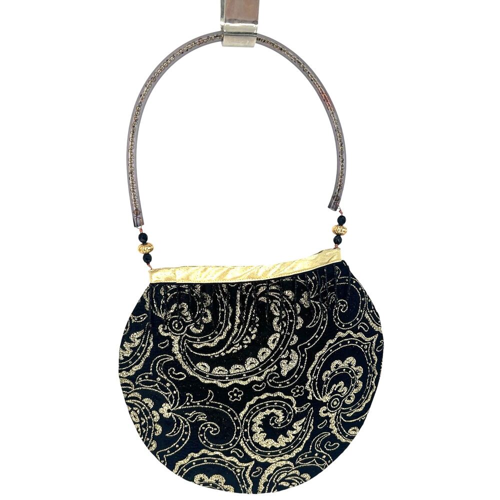 Black & Gold Silk Brocade Evening Bag with Beaded Fringe